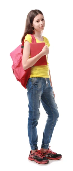 Menina bonita com saco escolar e livro — Fotografia de Stock