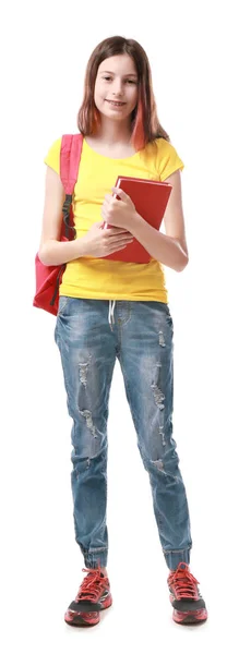 Bella ragazza con schoolbag e libro — Foto Stock