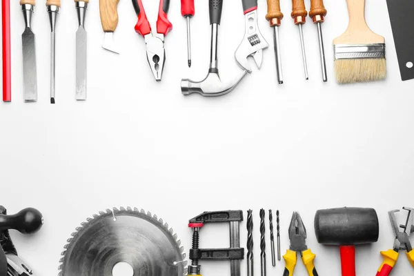 Set of carpenter's tools with place for text on white background — Stock Photo, Image