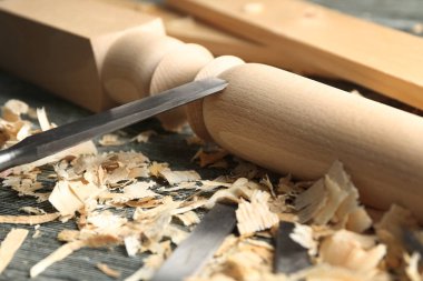 Araç, ahşap bölüm kümesi ve toz marangoz Atölyesi, closeup tablo gördüm