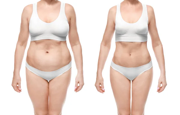 Kvinna före och efter viktminskning — Stockfoto