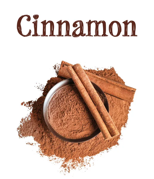 Cinnamon sticks and powder with bowl on white background — Stock Photo, Image