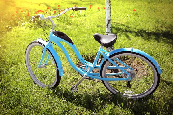 Велосипед припаркован на траве — стоковое фото