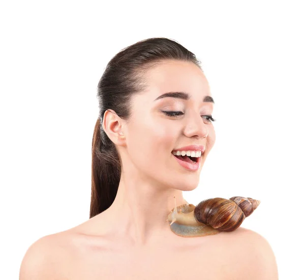 Piękna młoda kobieta z olbrzymi ślimak — Zdjęcie stockowe