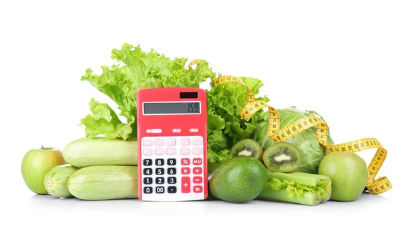 Sebze ve meyve ile hesap makinesi ve ölçüm bandı — Stok fotoğraf