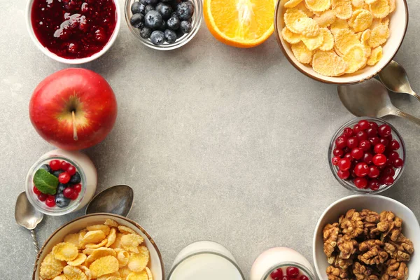 Delicious breakfast on light background, top view — Stock Photo, Image