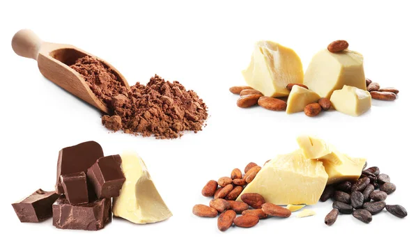 Набор продуктов из какао на белом фоне — стоковое фото