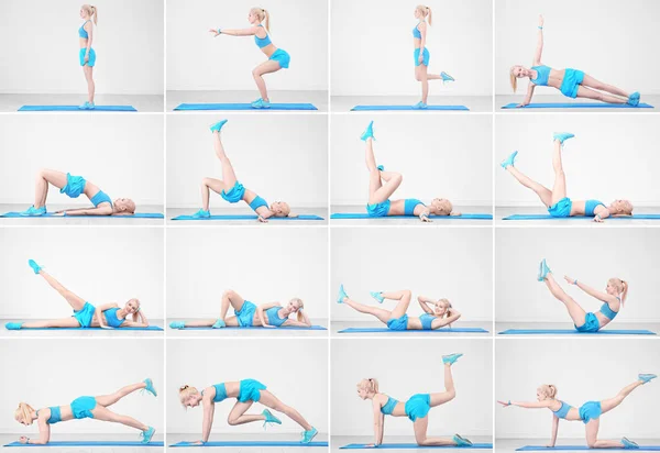 Collage di giovane donna che fa diversi esercizi su sfondo parete leggera. Esercitazione gambe — Foto Stock