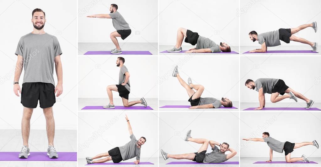 young man doing different exercises 