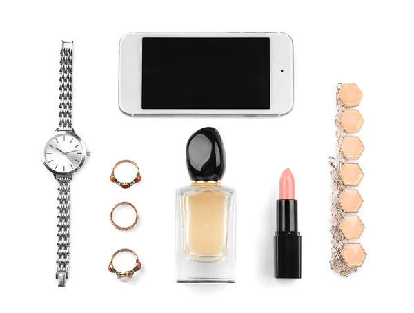 Accessori con cosmetici e telefono — Foto Stock