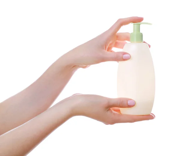 Hands with bottle of cosmetic product — Stock Photo, Image