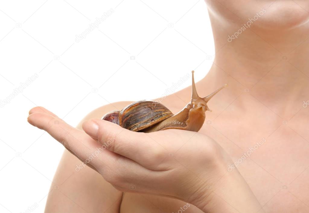 young woman with giant Achatina snail