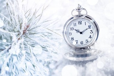 Noel kutlamaları için geri sayım. Cep saati ve iğne yapraklı dal, portre