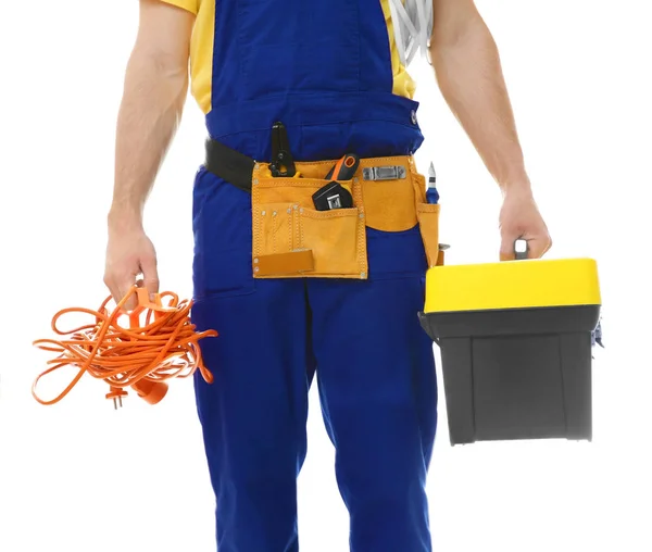 Electrician with bunch of wires and toolbox — Stock Photo, Image