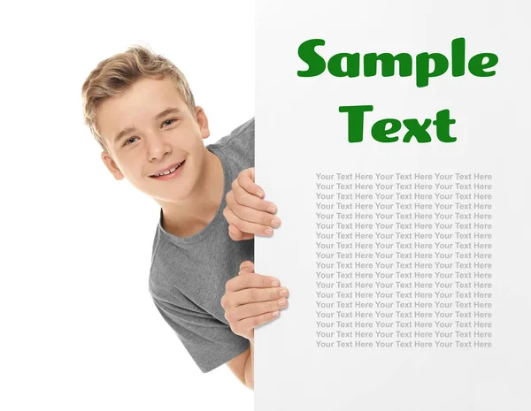 Teenage Boy Banner Space Text White Background — Stock Photo, Image