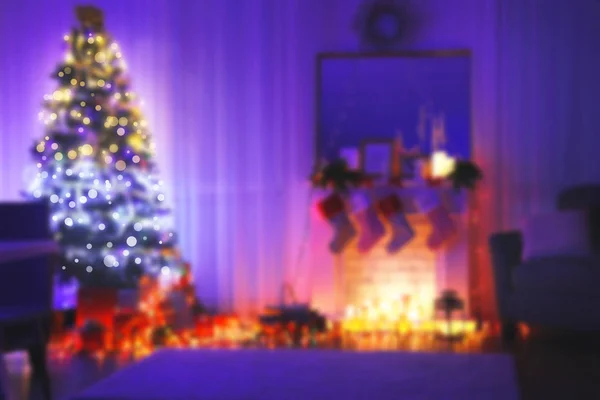 Blurred view of living room decorated for Christmas celebration. Happy New Year 2018 — Stock Photo, Image