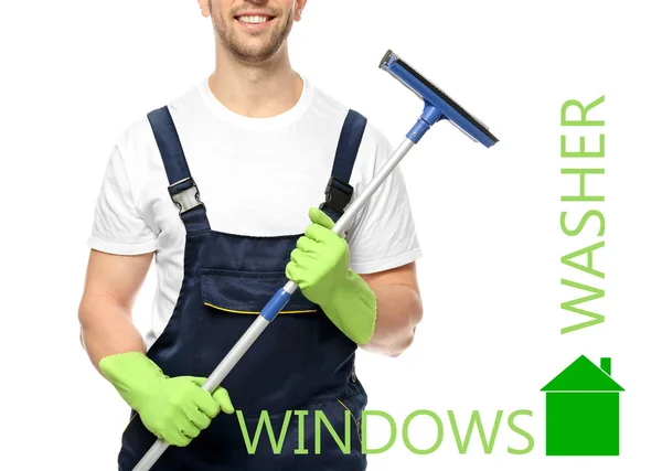 Young window cleaner with squeegee on white background — Stock Photo, Image