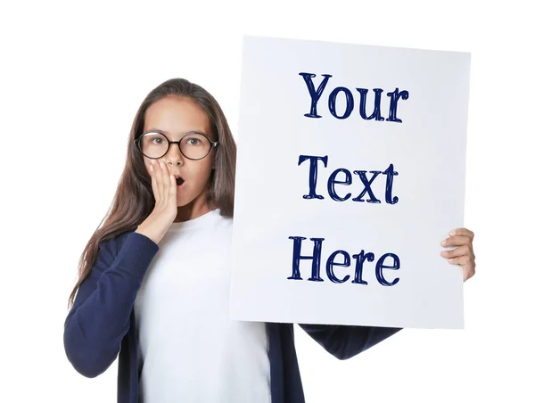 Cute Girl Holding Poster Space Text White Background — Stock Photo, Image