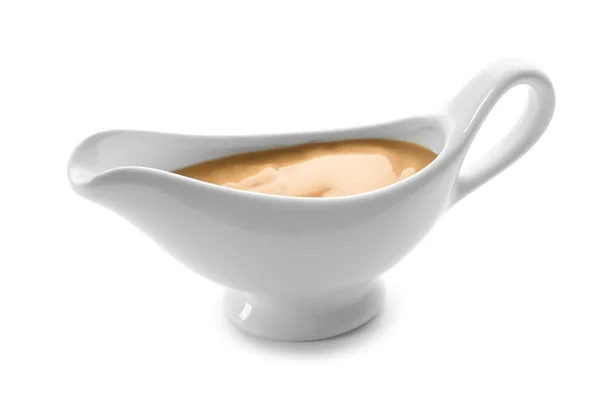 Sauce boat with turkey gravy on white background — Stock Photo, Image