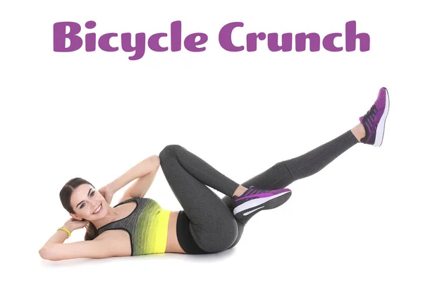 Donna che fa bicicletta crunch — Foto Stock