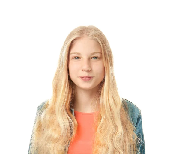 Aranyos tizenéves lány fehér háttér — Stock Fotó