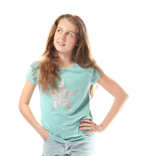 Roztomilý dospívající dívka na bílém pozadí — Stock fotografie