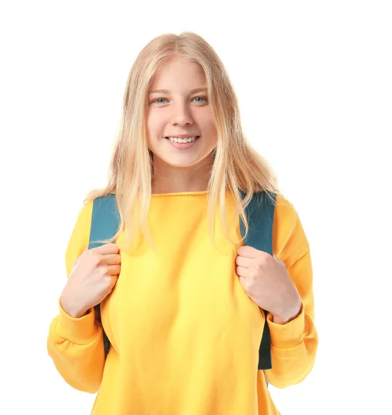Aranyos tizenéves lány iskolatáska, fehér háttér — Stock Fotó