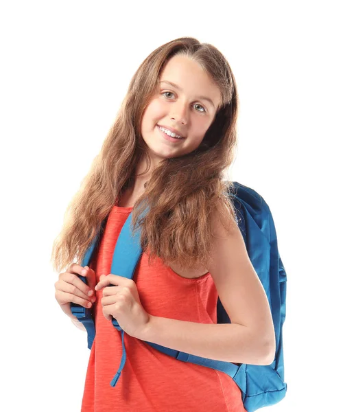 Cute teenager girl with schoolbag on white background — Stock Photo, Image