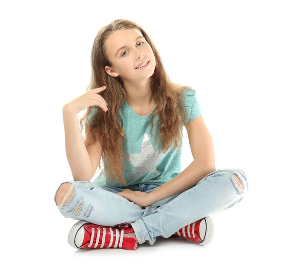 Menina adolescente bonito no fundo branco — Fotografia de Stock