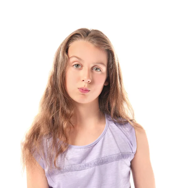 Niedliche Teenager Mädchen auf weißem Hintergrund — Stockfoto