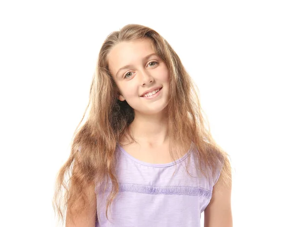 Aranyos tizenéves lány fehér háttér — Stock Fotó
