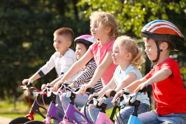 Petits enfants mignons à vélo en plein air le jour ensoleillé — Photo