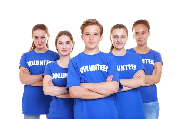 Group of young volunteers on white background — Stock Photo, Image