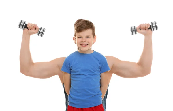 Dad hiding behind son and showing muscles — Stock Photo, Image