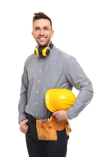 Joven carpintero con cinturón de herramientas — Foto de Stock