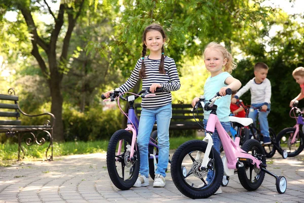 Cute children with bicycles in park on sunny day — Stock Photo, Image