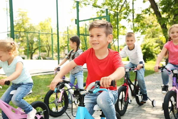 Enfants mignons à vélo dans le parc le jour ensoleillé — Photo