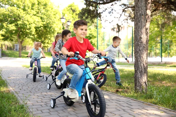 Roztomilé děti kola v parku na slunečný den — Stock fotografie