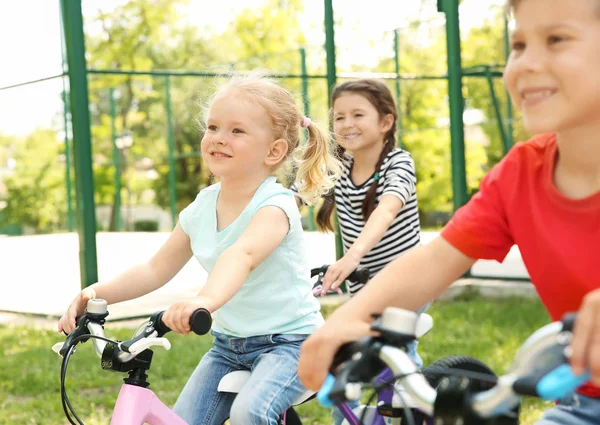 Cute Children Riding Bicycles Park Sunny Day — Stock Photo, Image