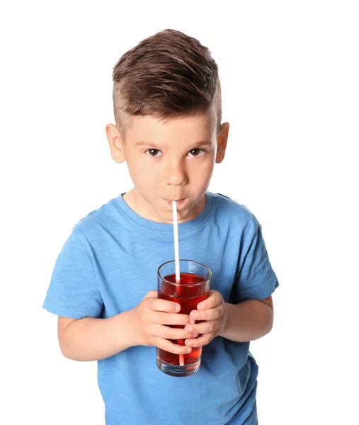 Lindo niño bebiendo jugo — Foto de Stock