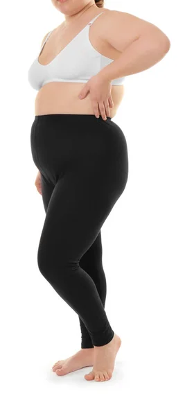 Mujer Con Sobrepeso Sujetador Pantalones Sobre Fondo Blanco Concepto Dieta —  Fotos de Stock