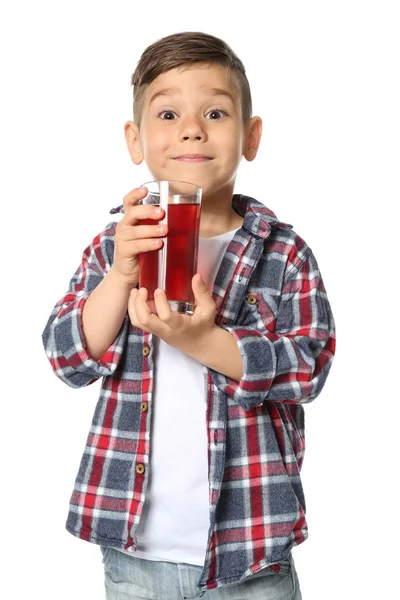 Söt liten pojke med juice — Stockfoto