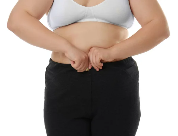 Overweight woman in bra and trousers — Stock Photo, Image