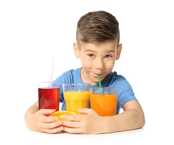 Söt liten pojke med juice — Stockfoto