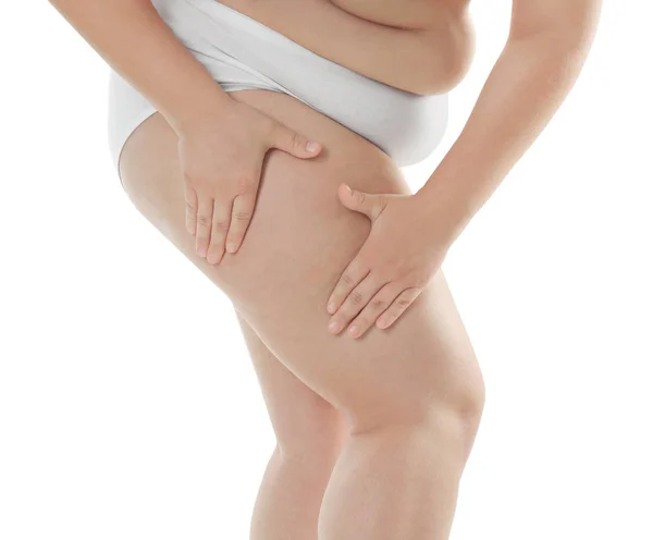 Mujer joven con sobrepeso en ropa interior — Foto de Stock