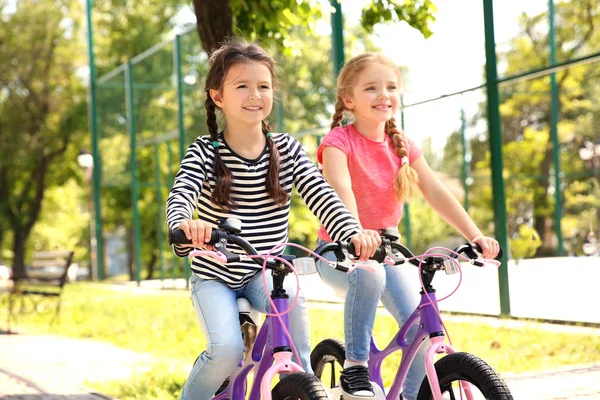 Cute Girls Riding Bicycles Park Sunny Day — Stock Photo, Image