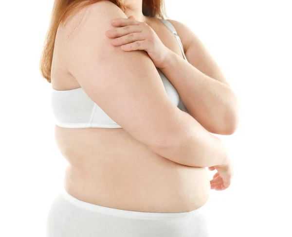 Mujer joven con sobrepeso en ropa interior — Foto de Stock