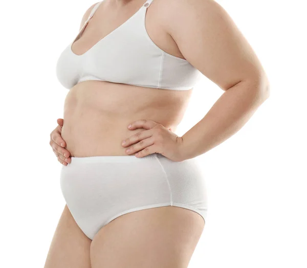Mujer joven con sobrepeso en ropa interior — Foto de Stock