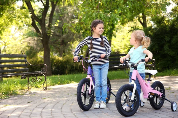 Meninas Bonitas Com Bicicletas Parque Dia Ensolarado — Fotografia de Stock