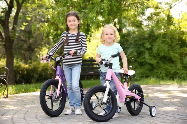 Meninas Bonitas Com Bicicletas Parque Dia Ensolarado — Fotografia de Stock